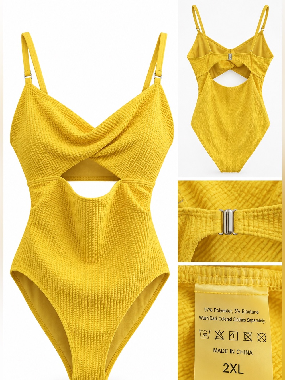 Women’s Yellow Textured One Piece Swimsuit Cutout Twist Front Plus Size 2XL.